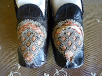 Black Glacé Kid Slippers, pink silk, ca. 1855-1865