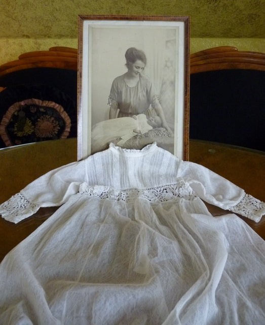 Christening Gown with Original Photo, England, ca. 1923 – Net Tulle & Lace, Silk Slip
