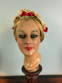 Victorian Lace Bonnet with Red Ribbons, England, ca. 1870