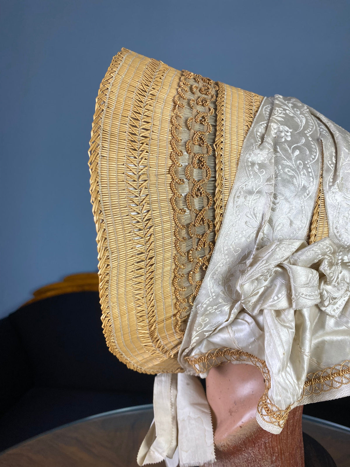 Antique crinoline-period garment from 1849 made of wire, straw, silk ribbons and damask lining in excellent condition