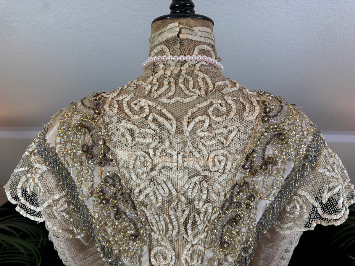 Antique Edwardian Evening Dress ca. 1908 – Painted Silk Panels & Crochet Lace Couture