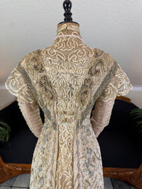 Antique Edwardian Evening Dress ca. 1908 – Painted Silk Panels & Crochet Lace Couture