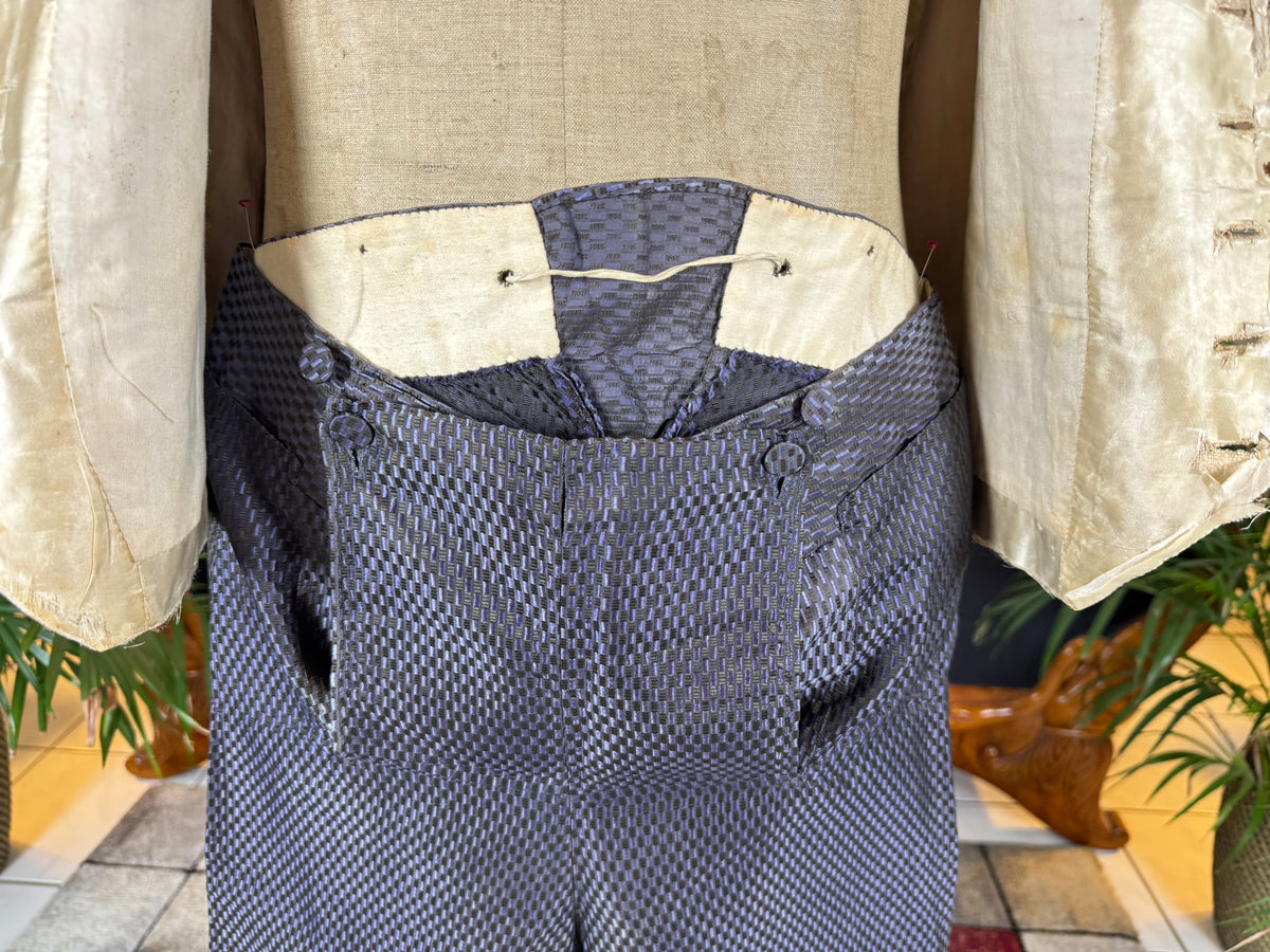 Antique Waistcoat & Blue Silk Knee‑Length Trousers, ca. 1790 – Embroidered Floral Menswear Ensemble