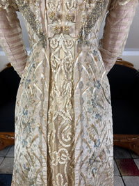 Antique Edwardian Evening Dress ca. 1908 – Painted Silk Panels & Crochet Lace Couture