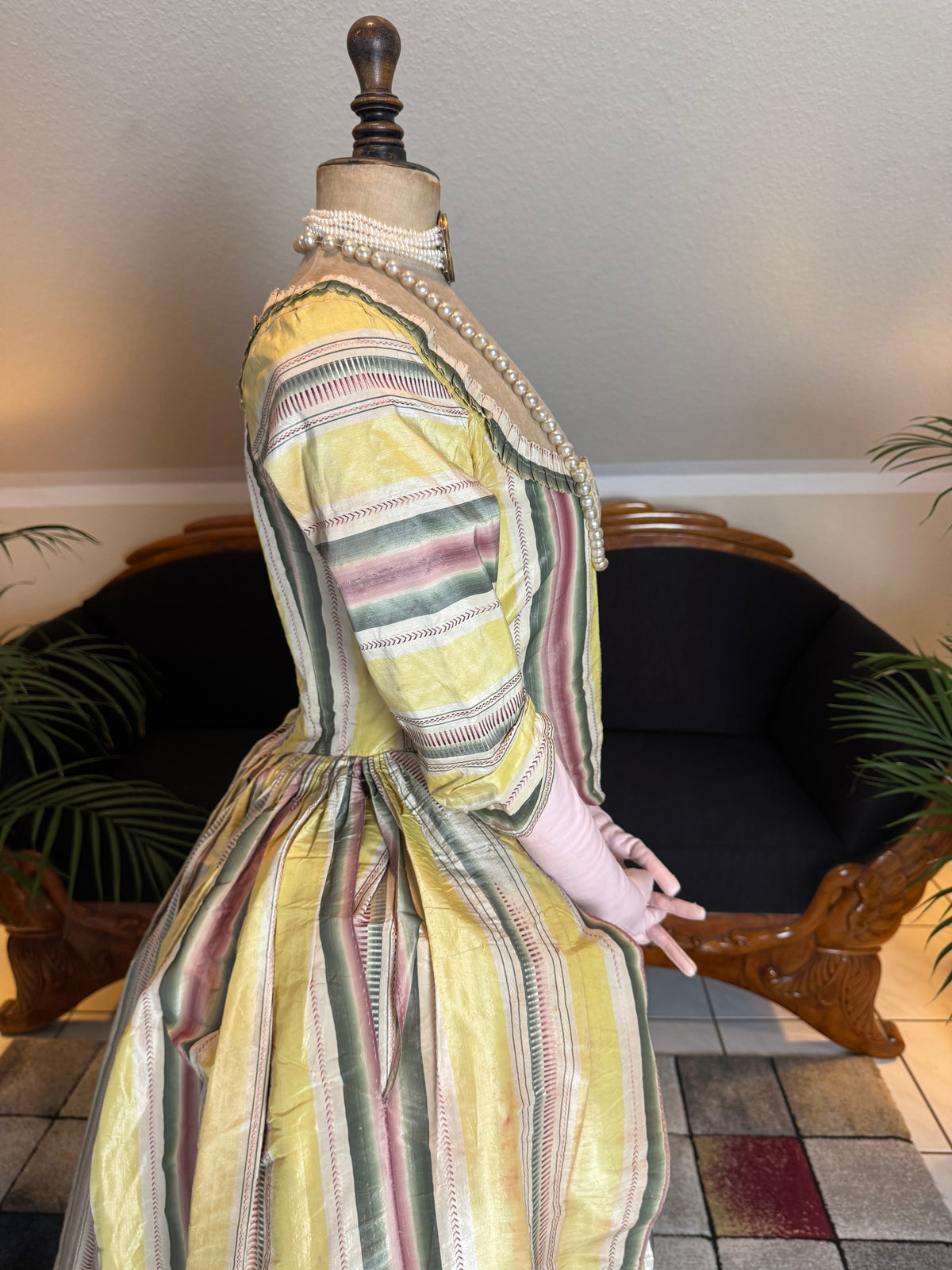 A Yellow, Green and Pink Striped Silk Taffeta Robe à l’Anglaise, ca. 1770