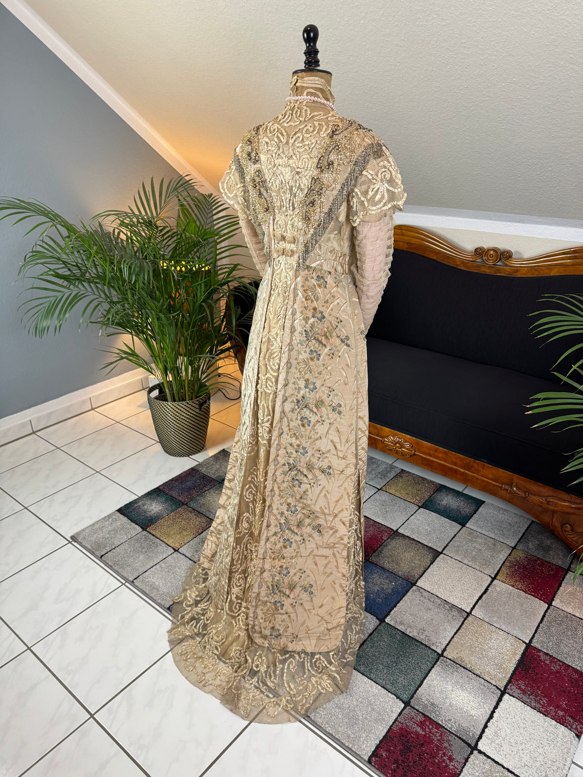 Antique Edwardian Evening Dress ca. 1908 – Painted Silk Panels & Crochet Lace Couture