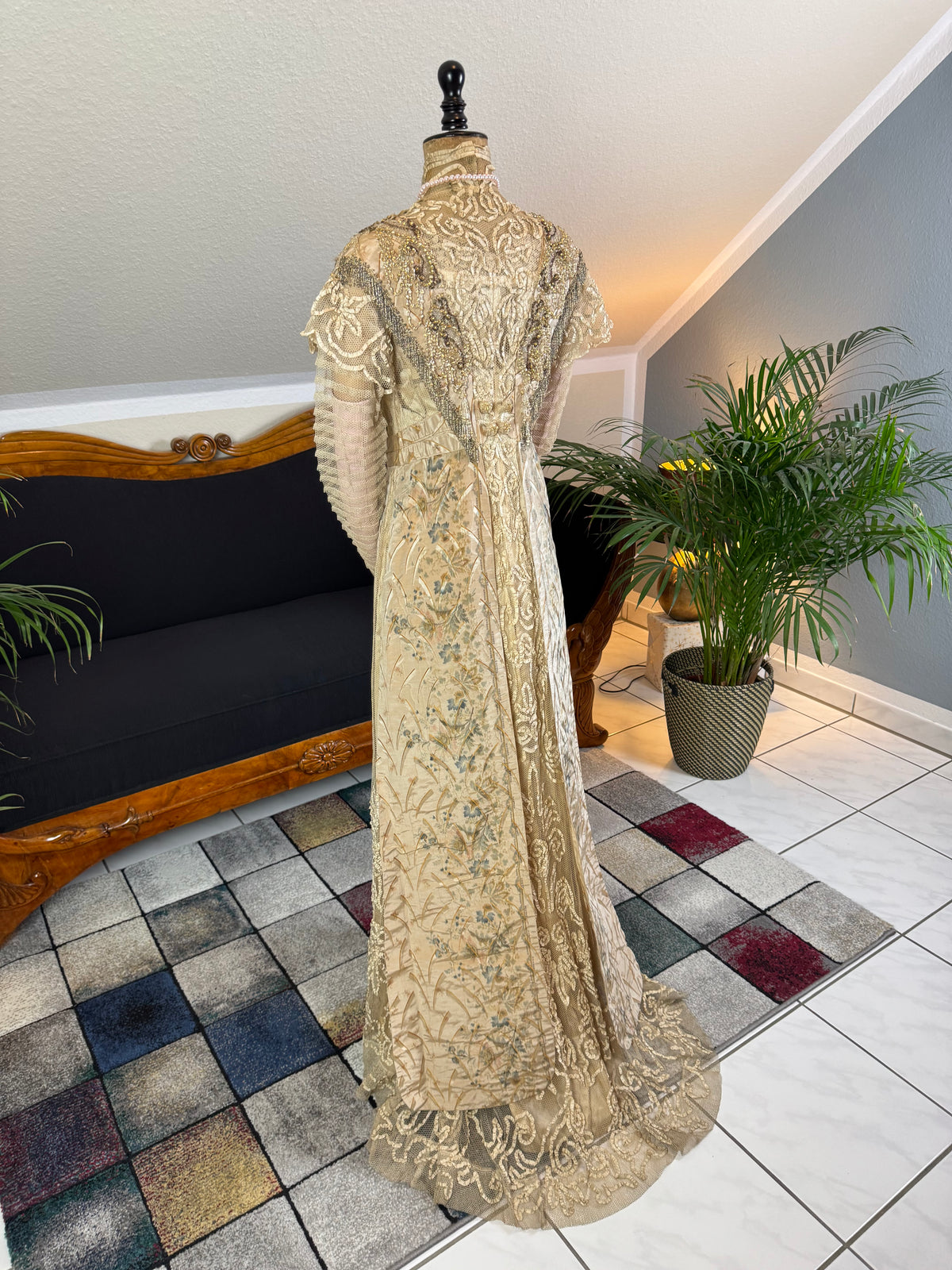 Antique Edwardian Evening Dress ca. 1908 – Painted Silk Panels & Crochet Lace Couture