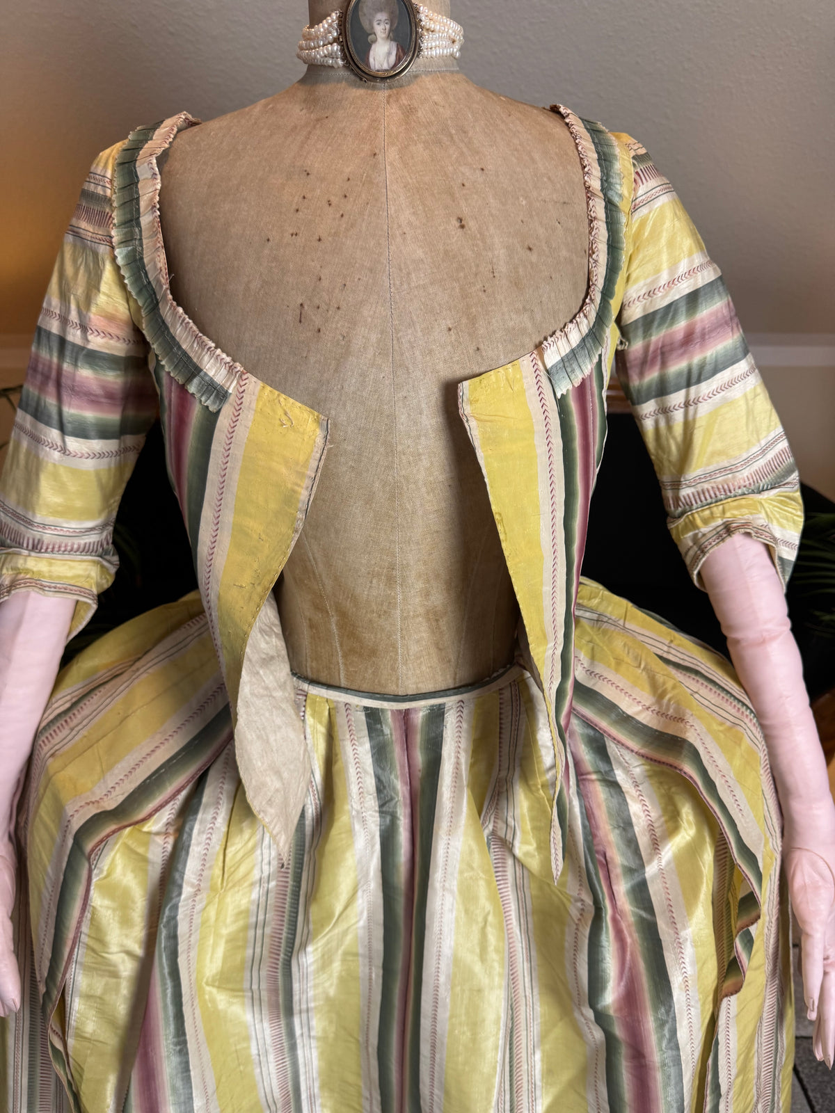 A Yellow, Green and Pink Striped Silk Taffeta Robe à l’Anglaise, ca. 1770