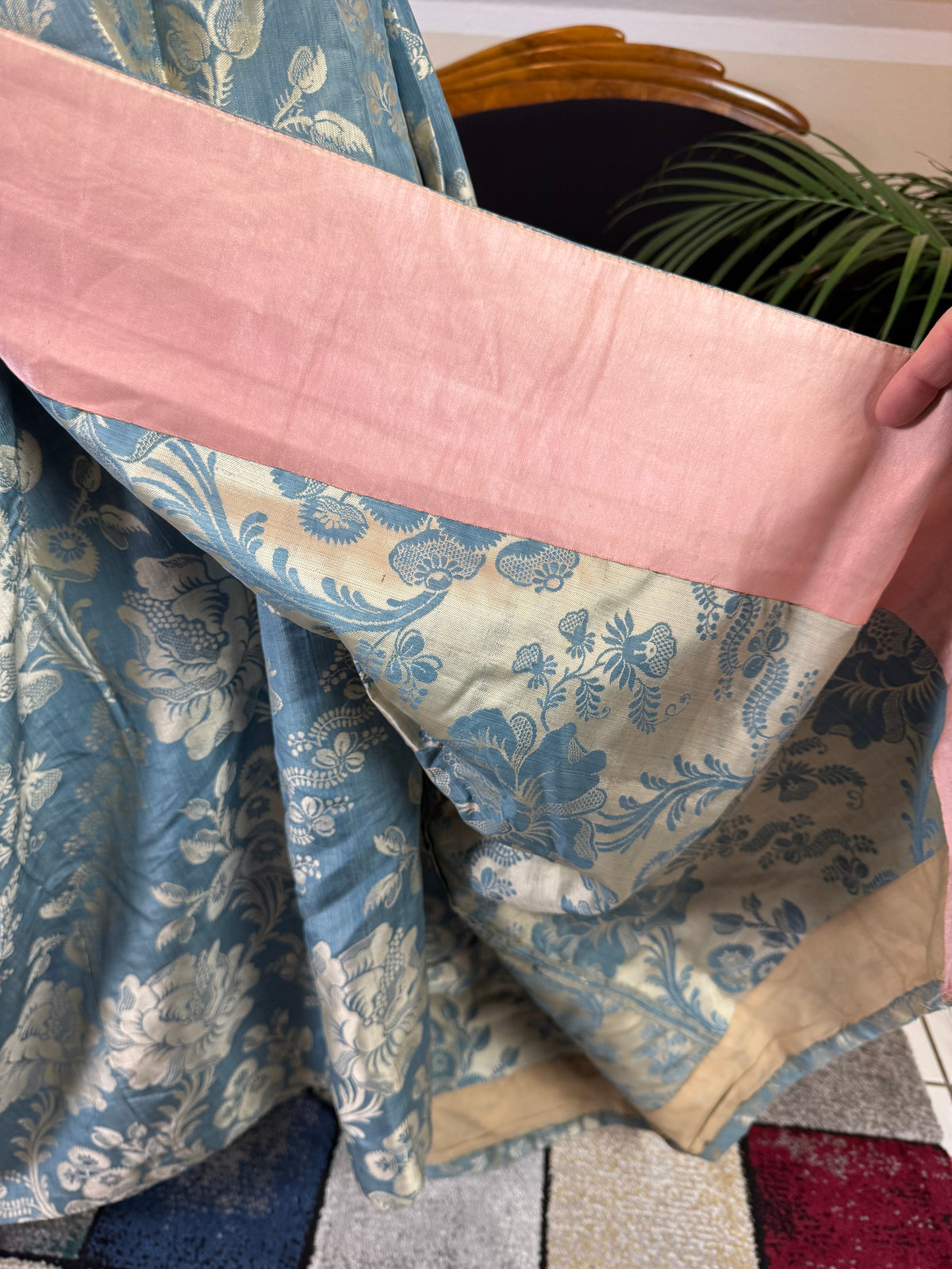 Robe à la Française in blue and cream silk damask – Authentic Eighteenth‑Century Gown, ca. 1770