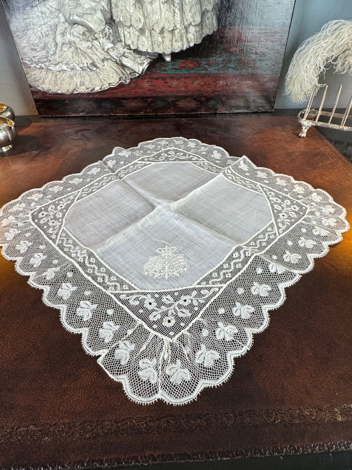ROYAL Antique Pair of Lace Handkerchiefs with Tuscany–Württemberg Double Coat of Arms from the Wedding Trousseau of Archduchess Maria Immakulata, c. 1900