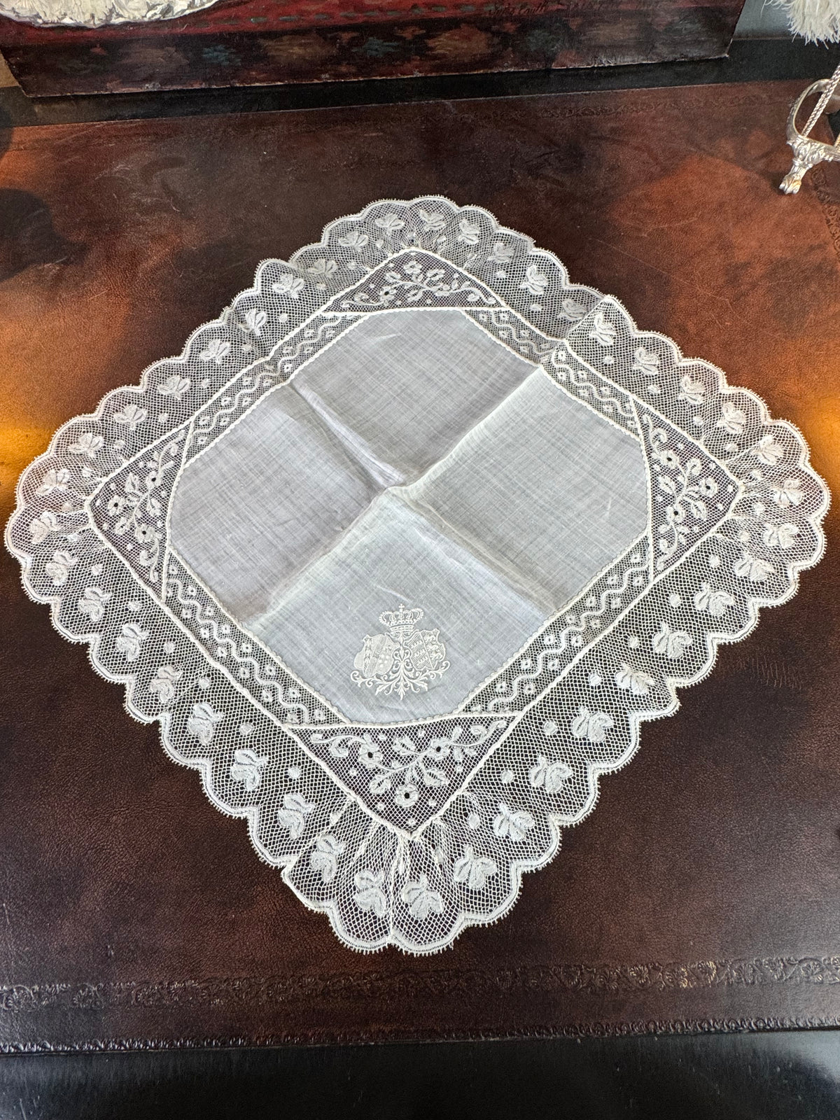 ROYAL Antique Pair of Lace Handkerchiefs with Tuscany–Württemberg Double Coat of Arms from the Wedding Trousseau of Archduchess Maria Immakulata, c. 1900