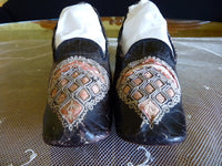 Black Glacé Kid Slippers, pink silk, ca. 1855-1865