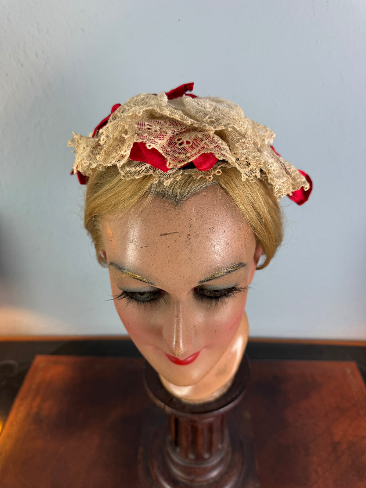 Victorian Lace Bonnet with Red Ribbons, England, ca. 1870