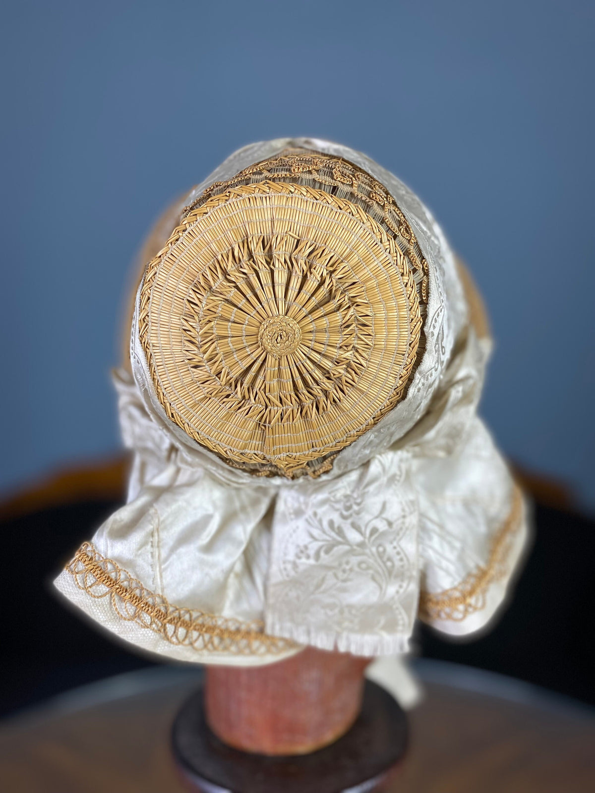 Antique crinoline-period garment from 1849 made of wire, straw, silk ribbons and damask lining in excellent condition