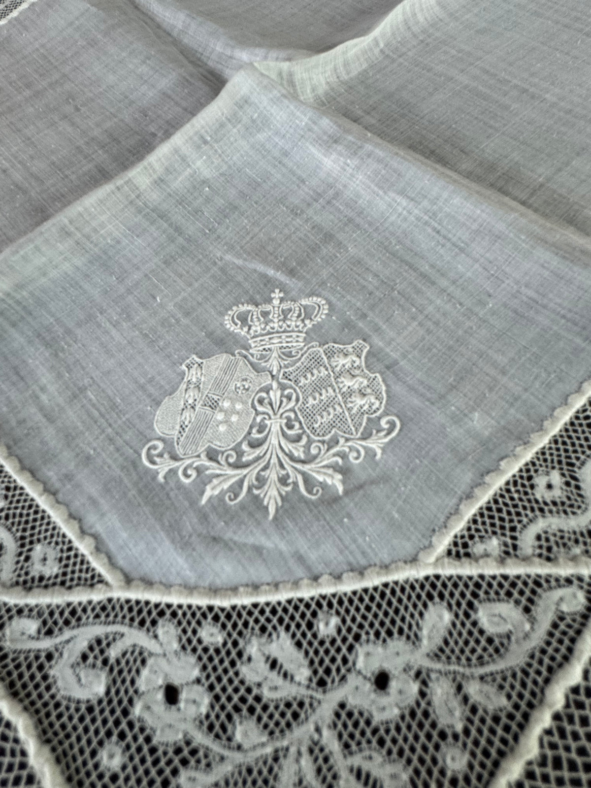 ROYAL Antique Pair of Lace Handkerchiefs with Tuscany–Württemberg Double Coat of Arms from the Wedding Trousseau of Archduchess Maria Immakulata, c. 1900