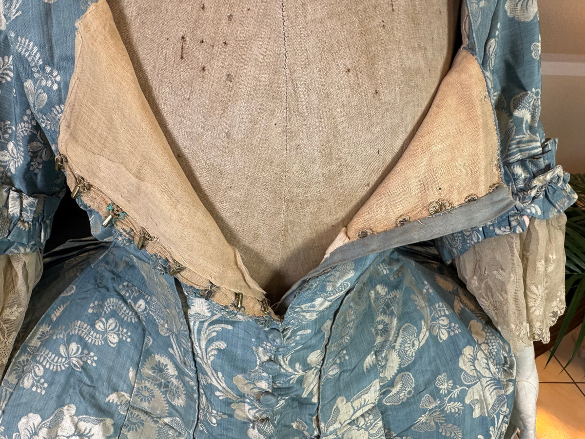 Robe à la Française in blue and cream silk damask – Authentic Eighteenth‑Century Gown, ca. 1770