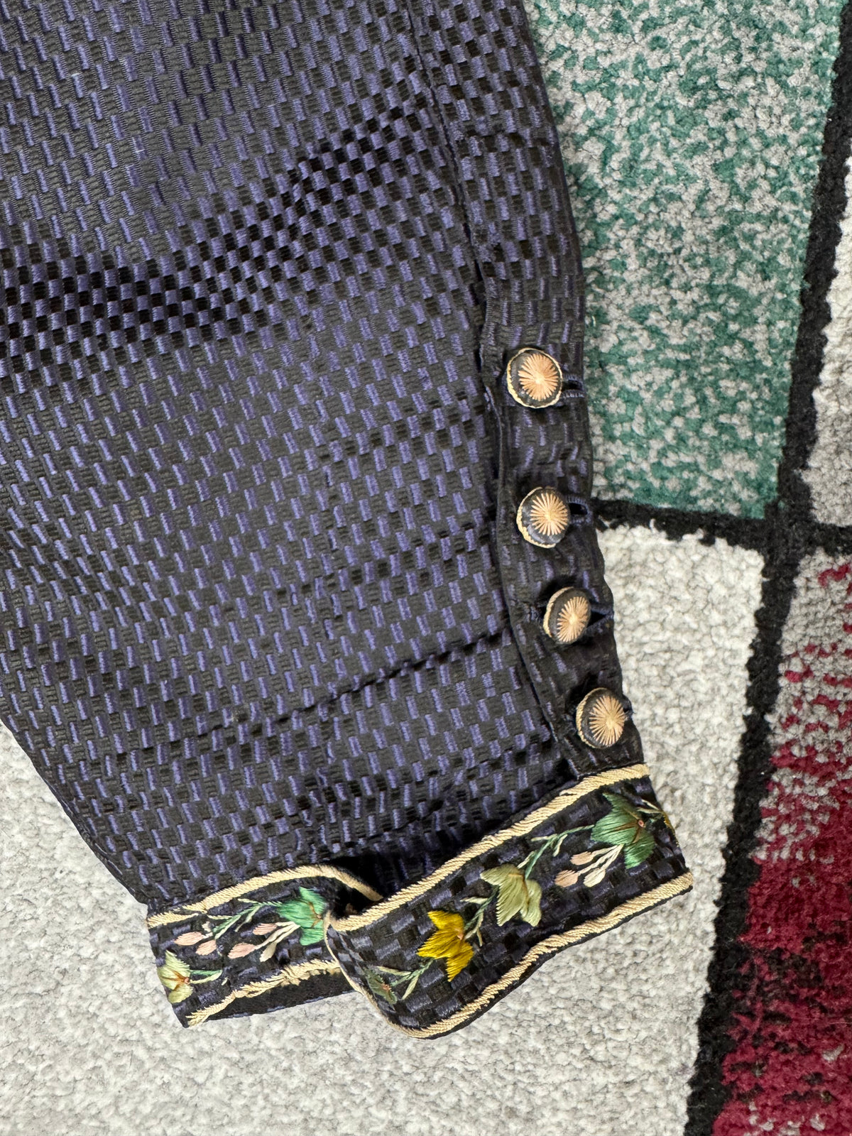 Antique Waistcoat & Blue Silk Knee‑Length Trousers, ca. 1790 – Embroidered Floral Menswear Ensemble