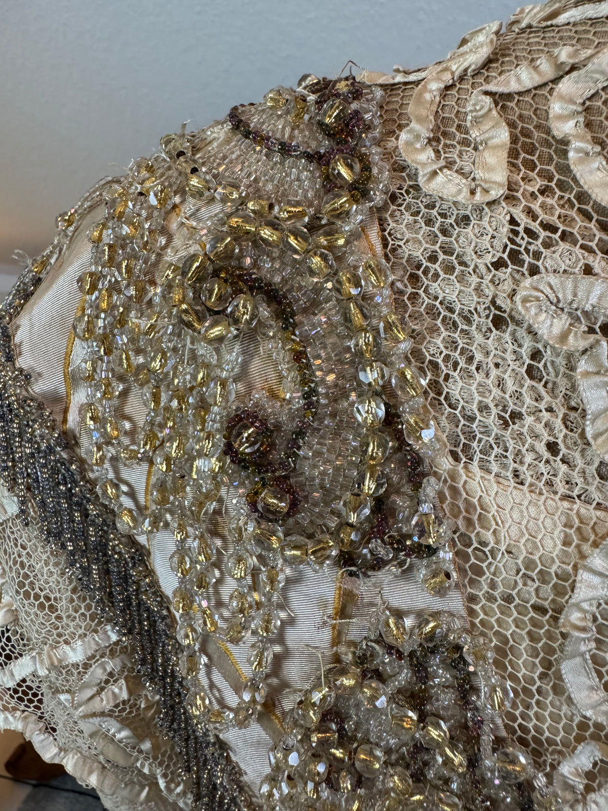 Antique Edwardian Evening Dress ca. 1908 – Painted Silk Panels & Crochet Lace Couture