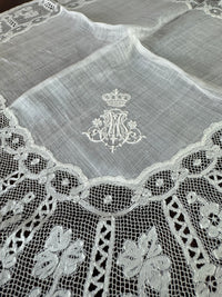 ROYAL Antique Pair of Lace Handkerchiefs with Tuscany–Württemberg Double Coat of Arms from the Wedding Trousseau of Archduchess Maria Immakulata, c. 1900