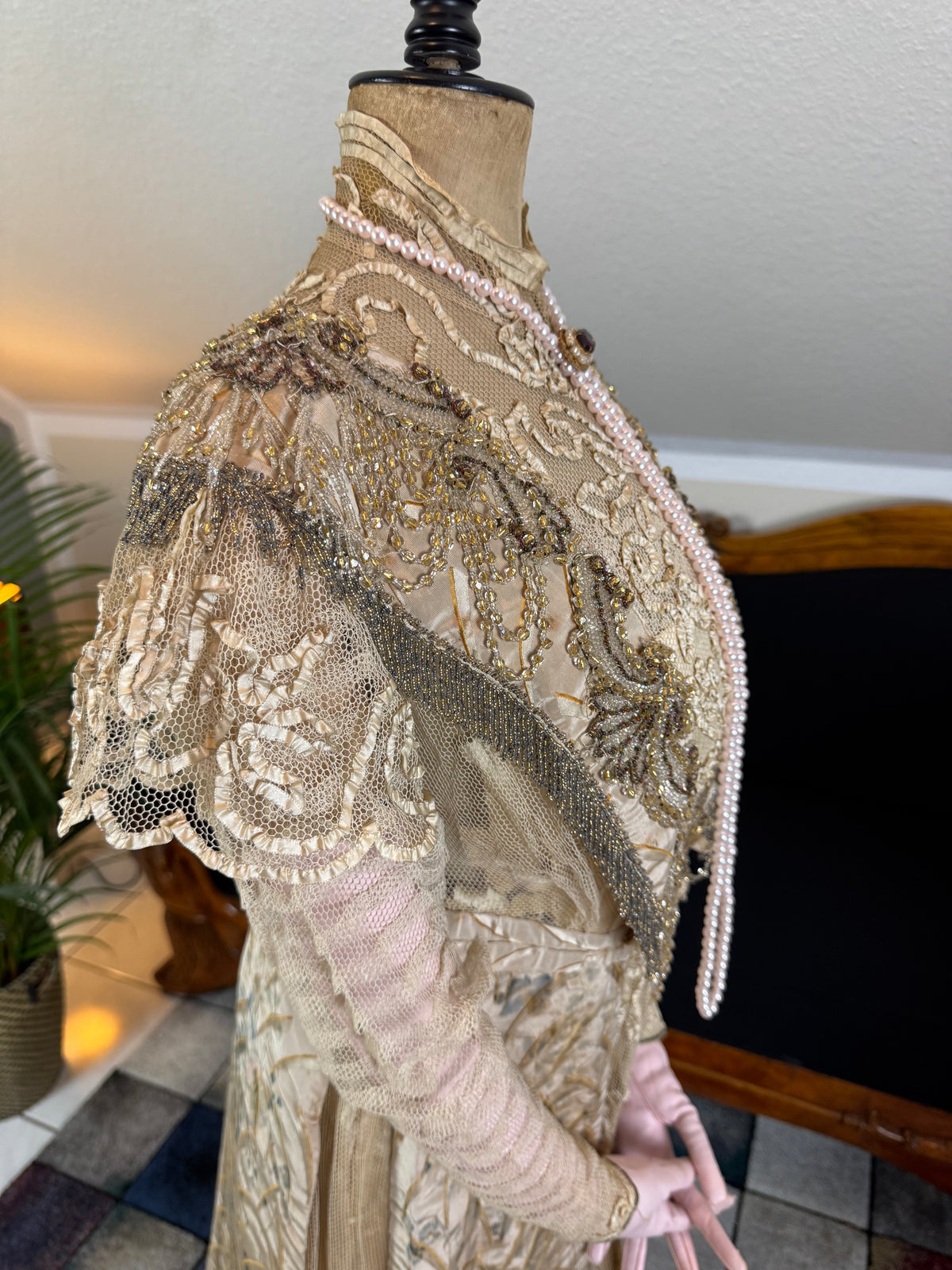 Antique Edwardian Evening Dress ca. 1908 – Painted Silk Panels & Crochet Lace Couture