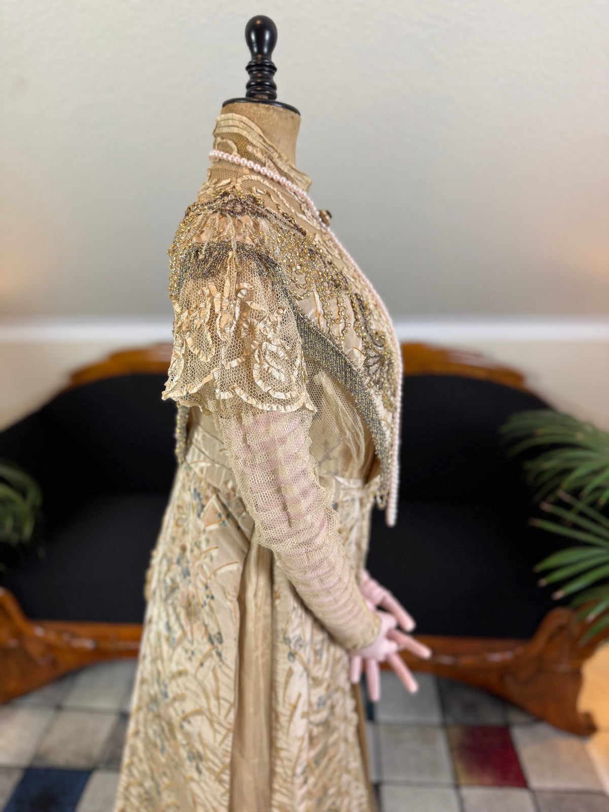 Antique Edwardian Evening Dress ca. 1908 – Painted Silk Panels & Crochet Lace Couture