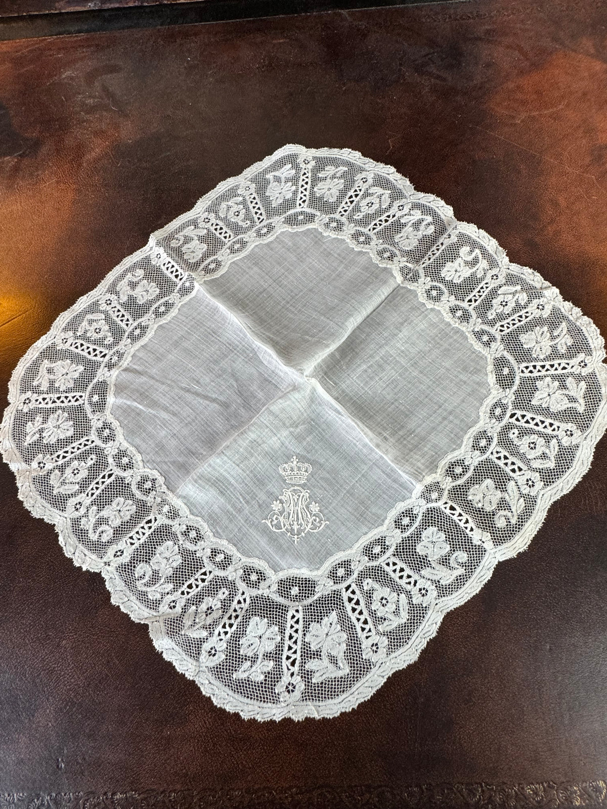 ROYAL Antique Pair of Lace Handkerchiefs with Tuscany–Württemberg Double Coat of Arms from the Wedding Trousseau of Archduchess Maria Immakulata, c. 1900