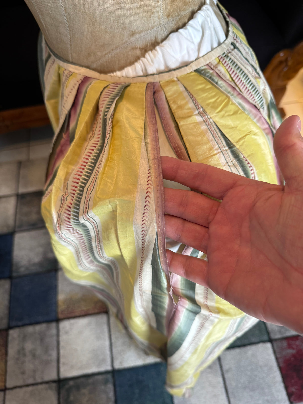 A Yellow, Green and Pink Striped Silk Taffeta Robe à l’Anglaise, ca. 1770