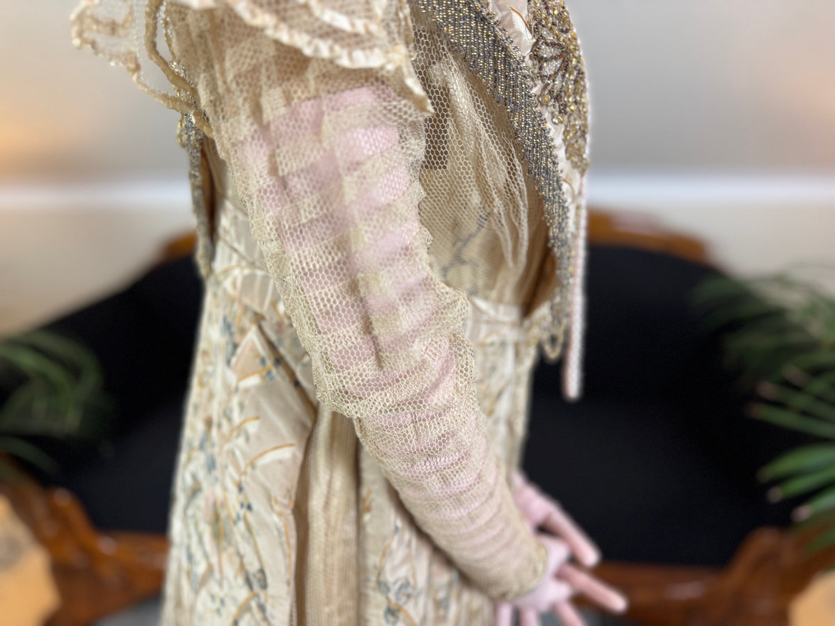 Antique Edwardian Evening Dress ca. 1908 – Painted Silk Panels & Crochet Lace Couture
