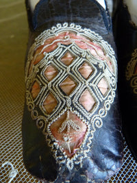 Black Glacé Kid Slippers, pink silk, ca. 1855-1865