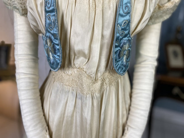 Chantilly & Sky Blue Satin Evening Dress, ca. 1914