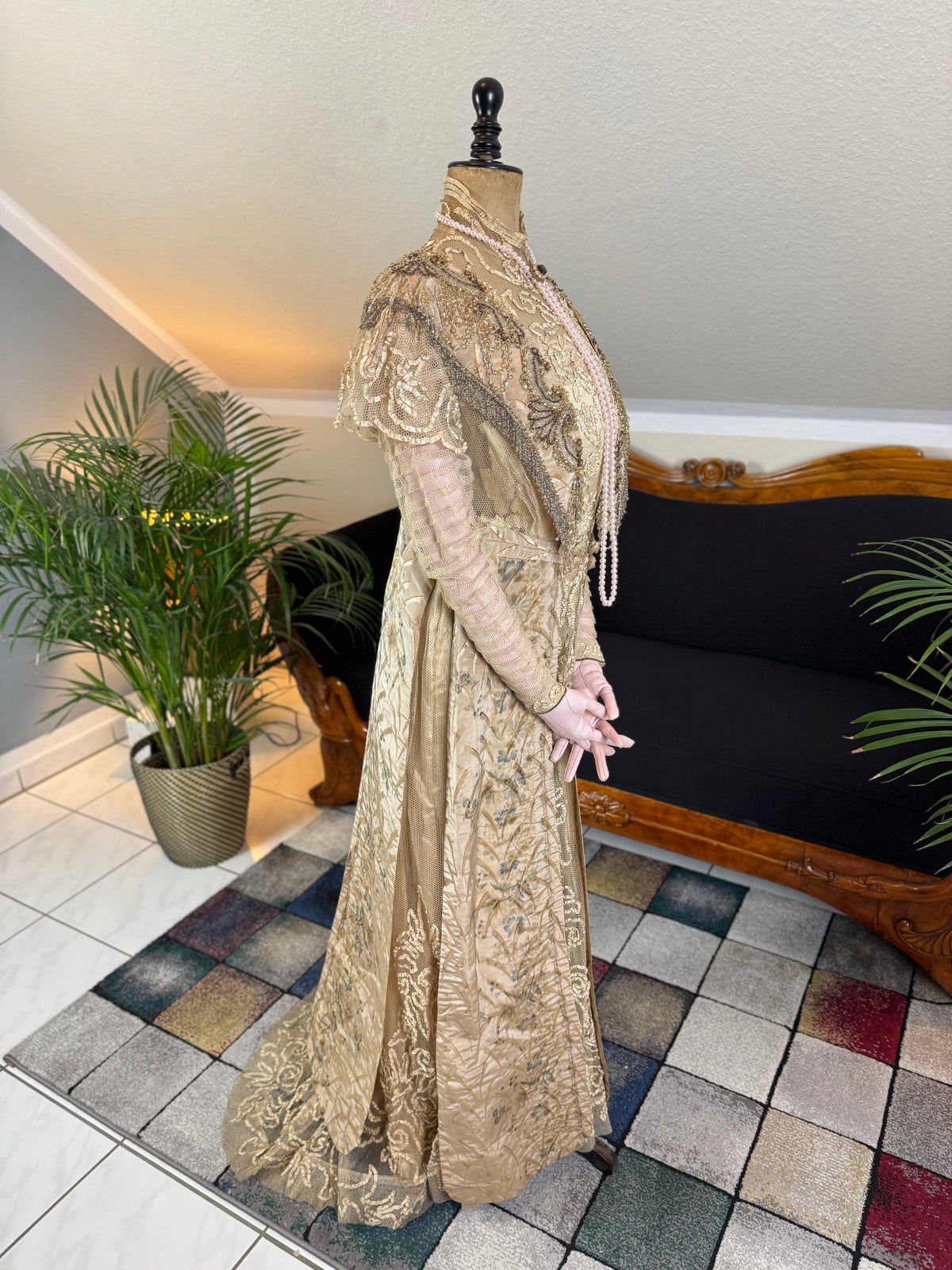 Antique Edwardian Evening Dress ca. 1908 – Painted Silk Panels & Crochet Lace Couture