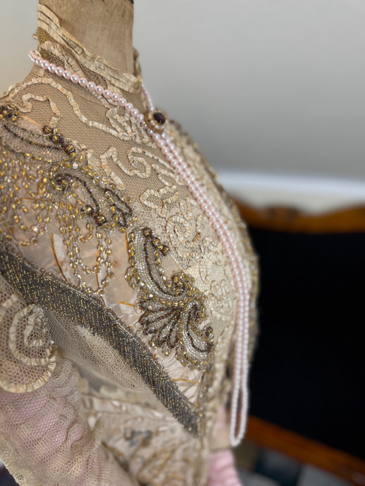 Antique Edwardian Evening Dress ca. 1908 – Painted Silk Panels & Crochet Lace Couture