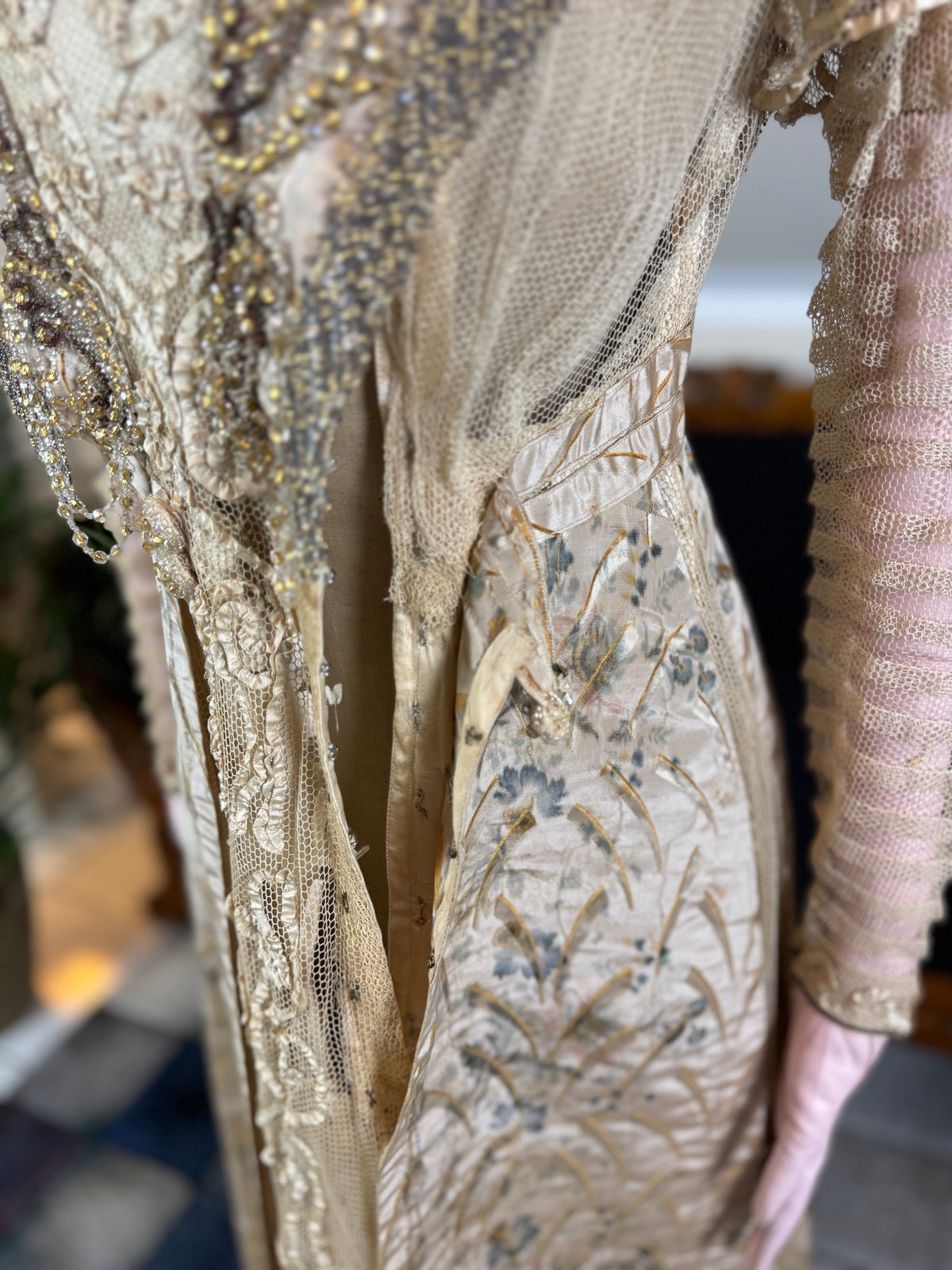 Antique Edwardian Evening Dress ca. 1908 – Painted Silk Panels & Crochet Lace Couture