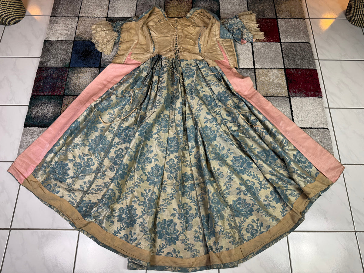 Robe à la Française in blue and cream silk damask – Authentic Eighteenth‑Century Gown, ca. 1770