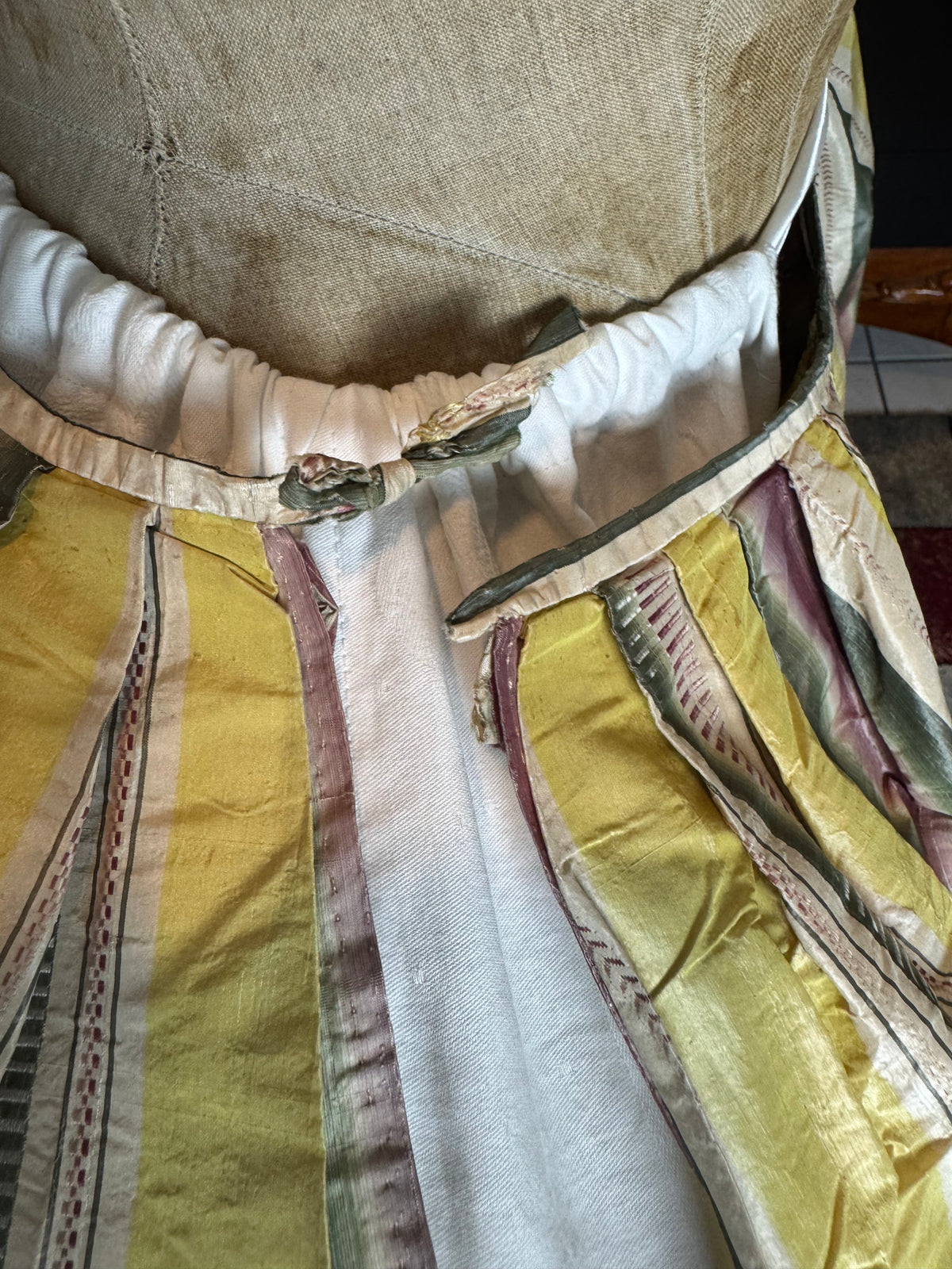 A Yellow, Green and Pink Striped Silk Taffeta Robe à l’Anglaise, ca. 1770