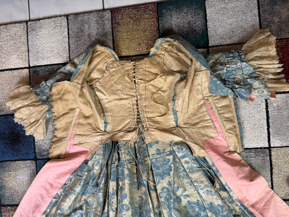 Robe à la Française in blue and cream silk damask – Authentic Eighteenth‑Century Gown, ca. 1770