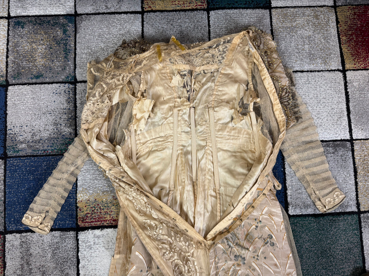Antique Edwardian Evening Dress ca. 1908 – Painted Silk Panels & Crochet Lace Couture
