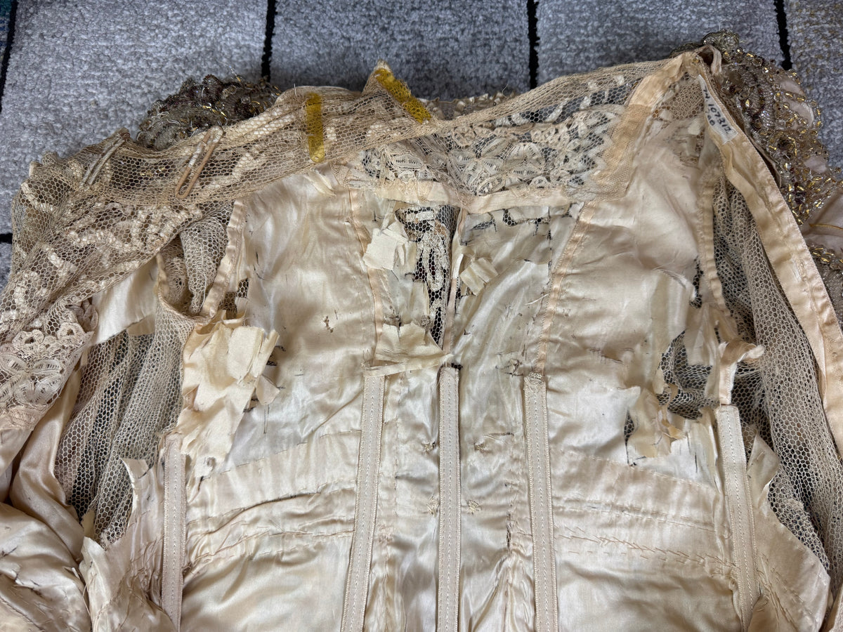 Antique Edwardian Evening Dress ca. 1908 – Painted Silk Panels & Crochet Lace Couture