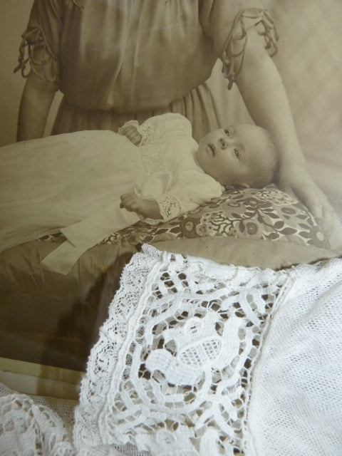 Christening Gown with Original Photo, England, ca. 1923 – Net Tulle & Lace, Silk Slip