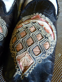 Black Glacé Kid Slippers, pink silk, ca. 1855-1865