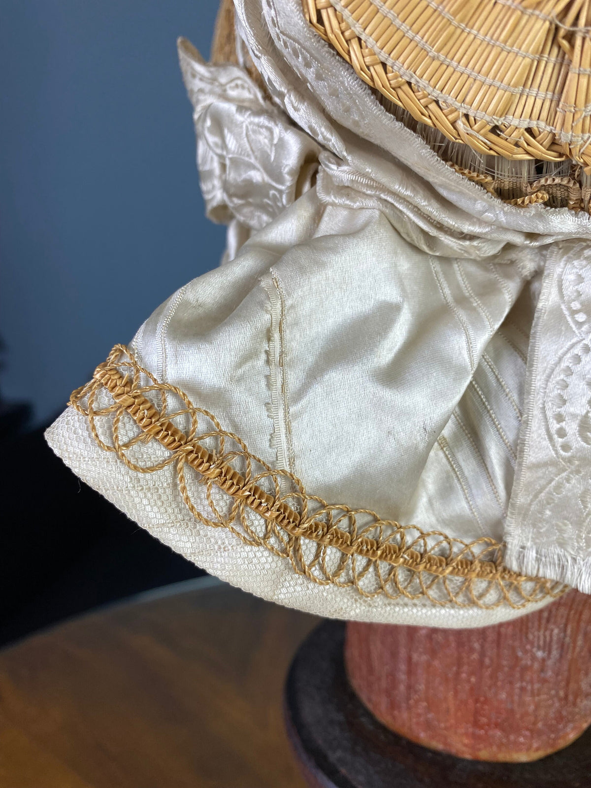 Antique crinoline-period garment from 1849 made of wire, straw, silk ribbons and damask lining in excellent condition