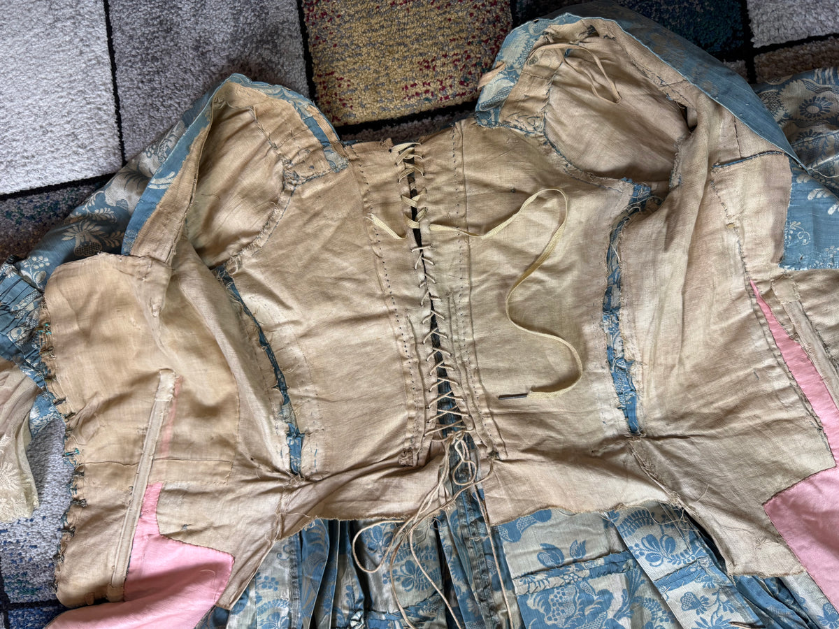 Robe à la Française in blue and cream silk damask – Authentic Eighteenth‑Century Gown, ca. 1770