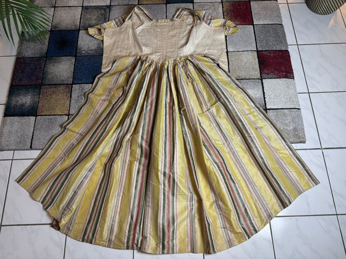 A Yellow, Green and Pink Striped Silk Taffeta Robe à l’Anglaise, ca. 1770