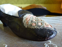 Black Glacé Kid Slippers, pink silk, ca. 1855-1865