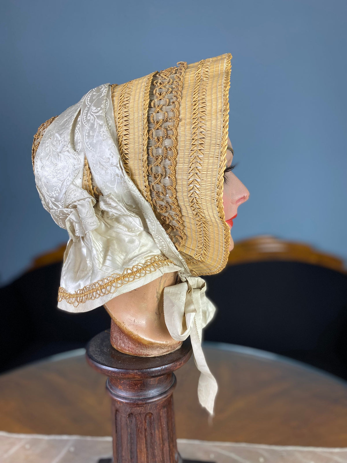 Antique crinoline-period garment from 1849 made of wire, straw, silk ribbons and damask lining in excellent condition