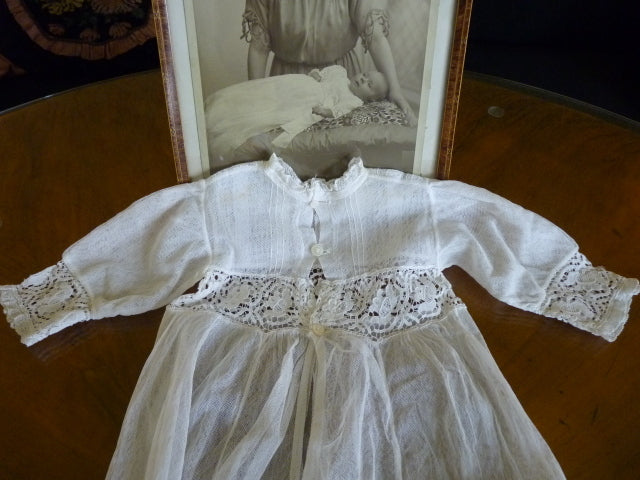 Christening Gown with Original Photo, England, ca. 1923 – Net Tulle & Lace, Silk Slip