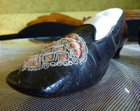 Black Glacé Kid Slippers, pink silk, ca. 1855-1865