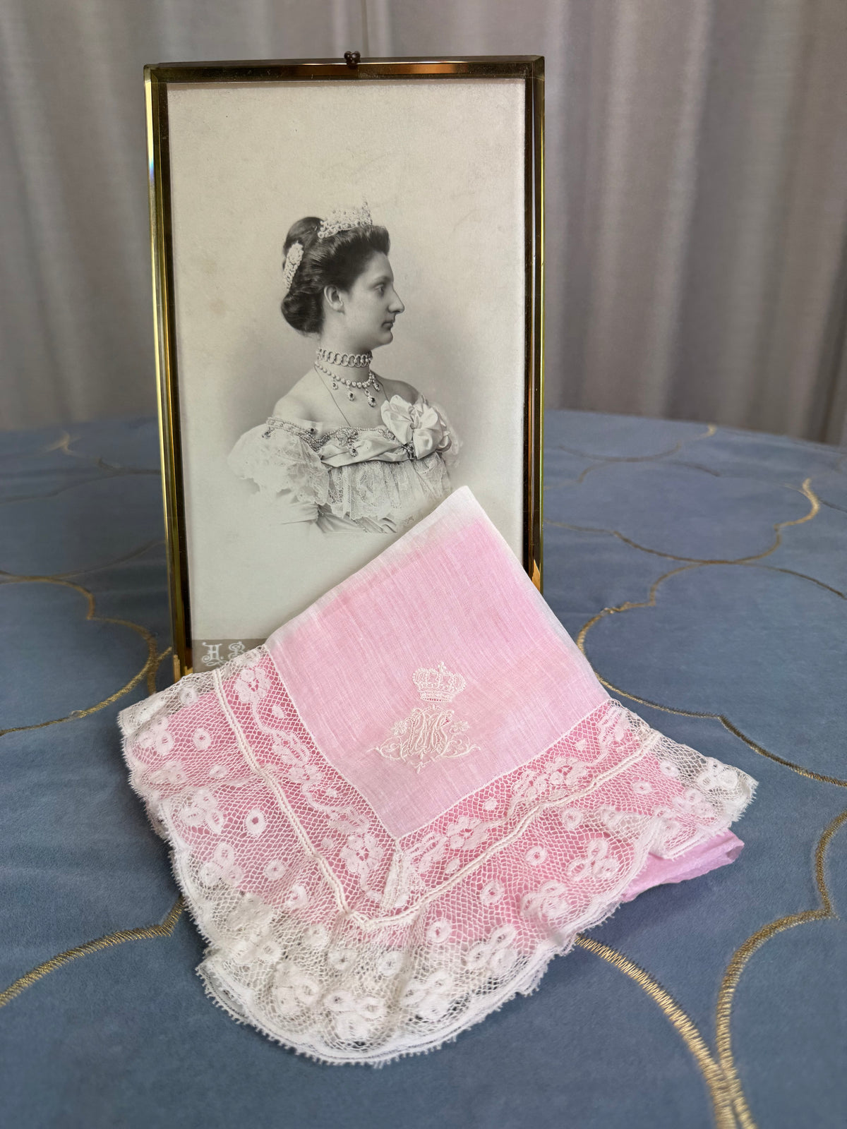 ROYAL Lace Handkerchief with Wedding Monogram MIR, from the estate of Duchess Maria Immakulata of Württemberg, born Archduchess of Austria, 1900