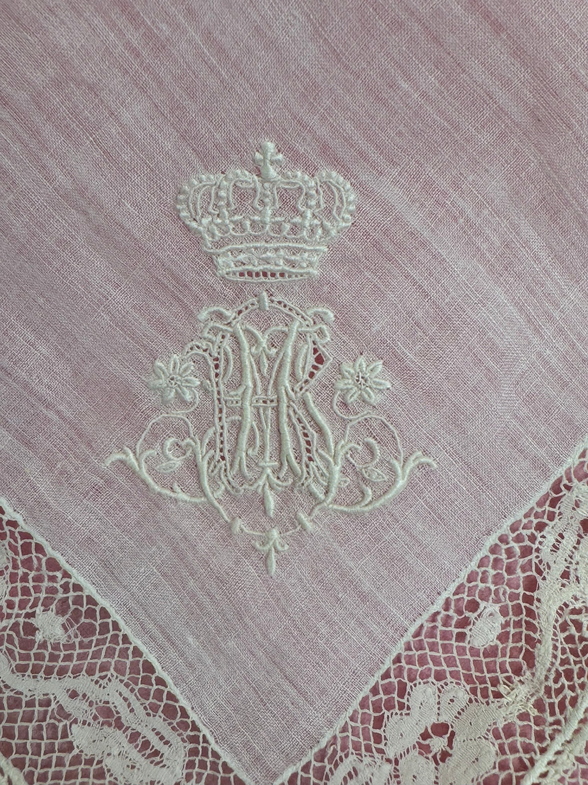 ROYAL Lace Handkerchief with Wedding Monogram MIR, from the estate of Duchess Maria Immakulata of Württemberg, born Archduchess of Austria, 1900