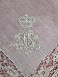ROYAL Lace Handkerchief with Wedding Monogram MIR, from the estate of Duchess Maria Immakulata of Württemberg, born Archduchess of Austria, 1900